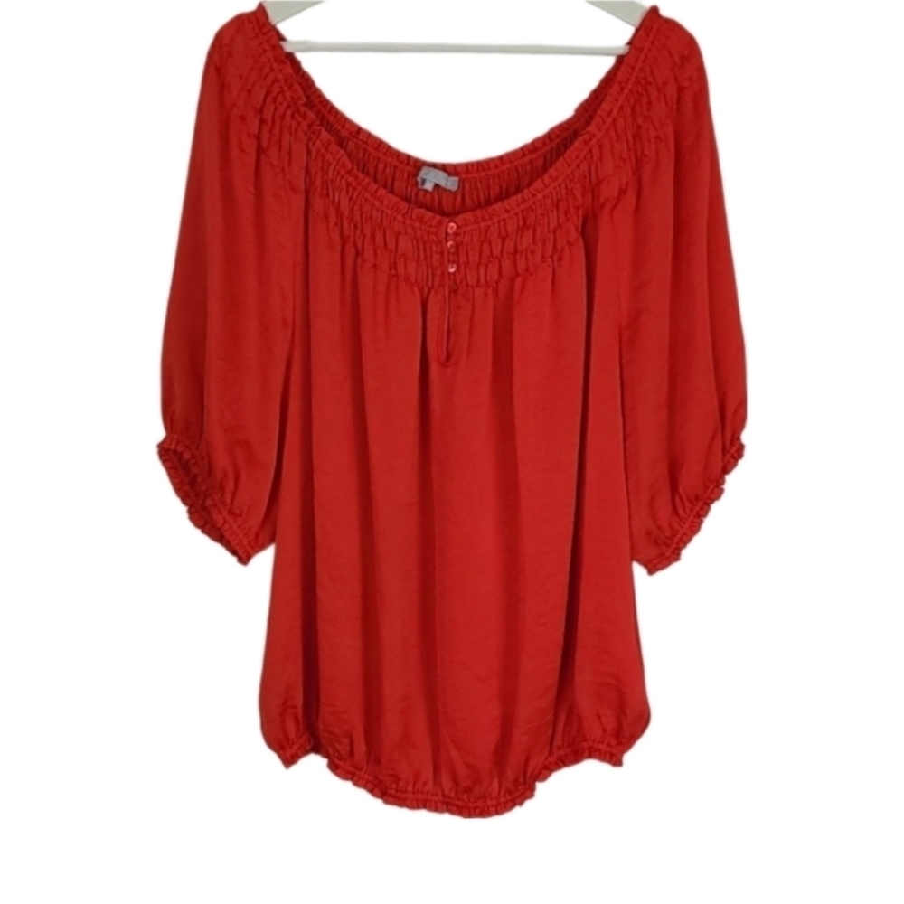 Orange Red Sateen Ruffle Trim Blouse